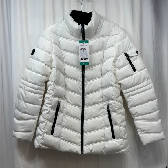 Nautica Puffer Jacket Womens XL White Black Quilted Faux Fur Removable Hood - Picture 4 of 15